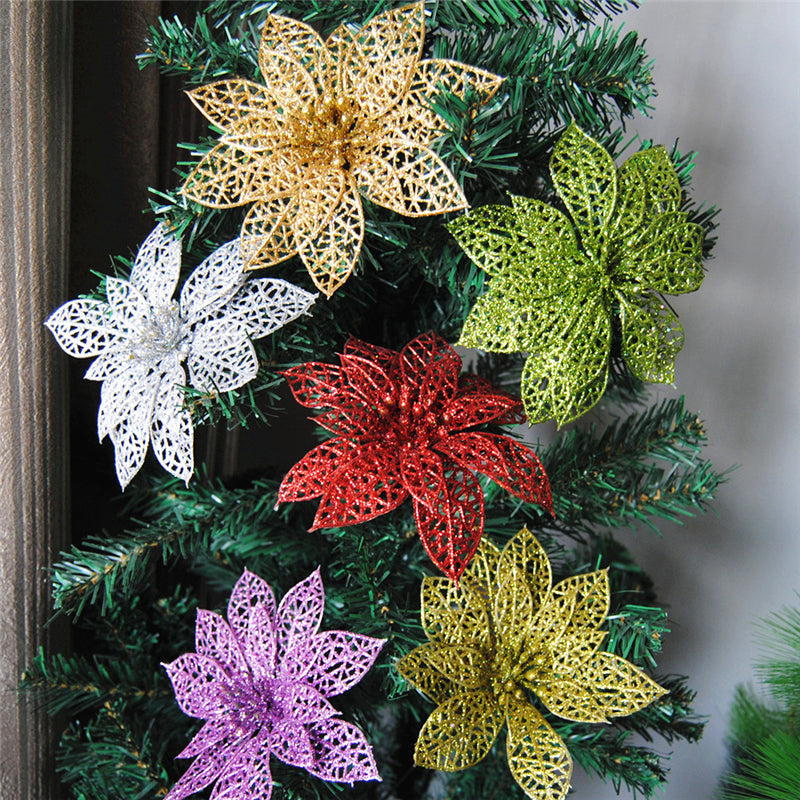 10Pcs Christmas Glitter Hollow Flower Decoration Flowers for Christmas Trees New Year Decorations - Seasonal Chic Variety