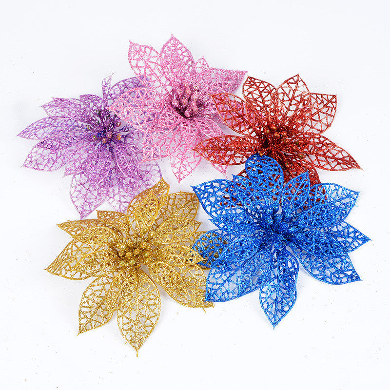 10Pcs Christmas Glitter Hollow Flower Decoration Flowers for Christmas Trees New Year Decorations - Seasonal Chic Variety