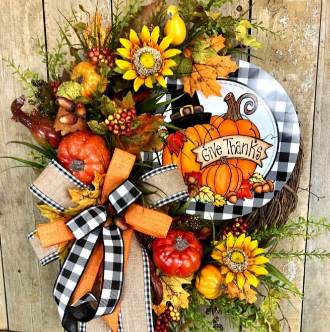 Wooden Sign Decoration Thanksgiving Day Sunflower Autumn Pumpkin Wreath - Seasonal Chic Variety