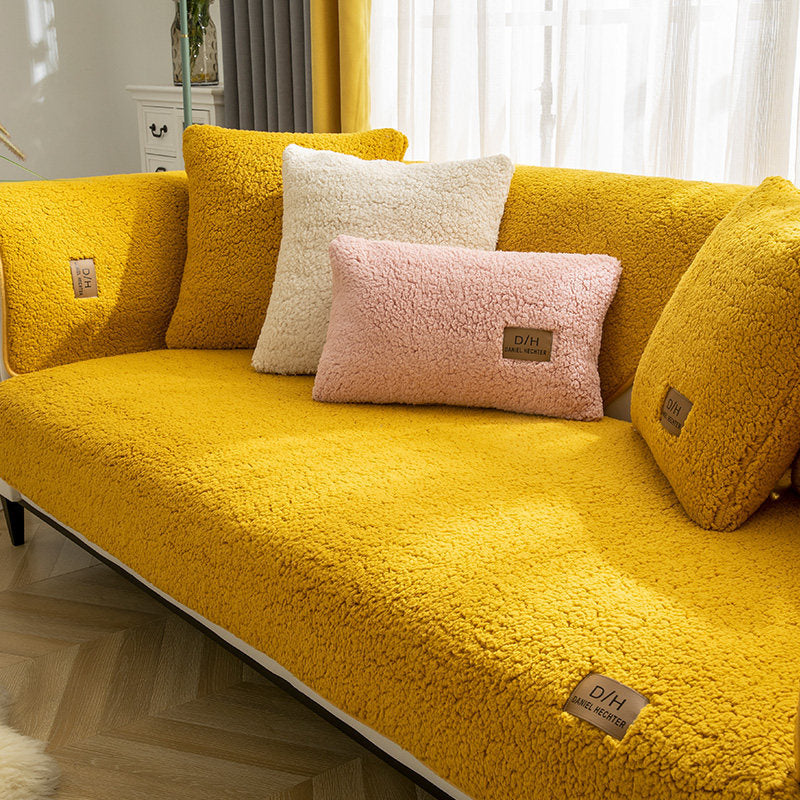 Modern Solid Color Winter Lamb Wool Sofa Towel Thicken Plush Soft And Smooth Sofa Covers For Living Room Anti-slip Couch Cover - Seasonal Chic Variety