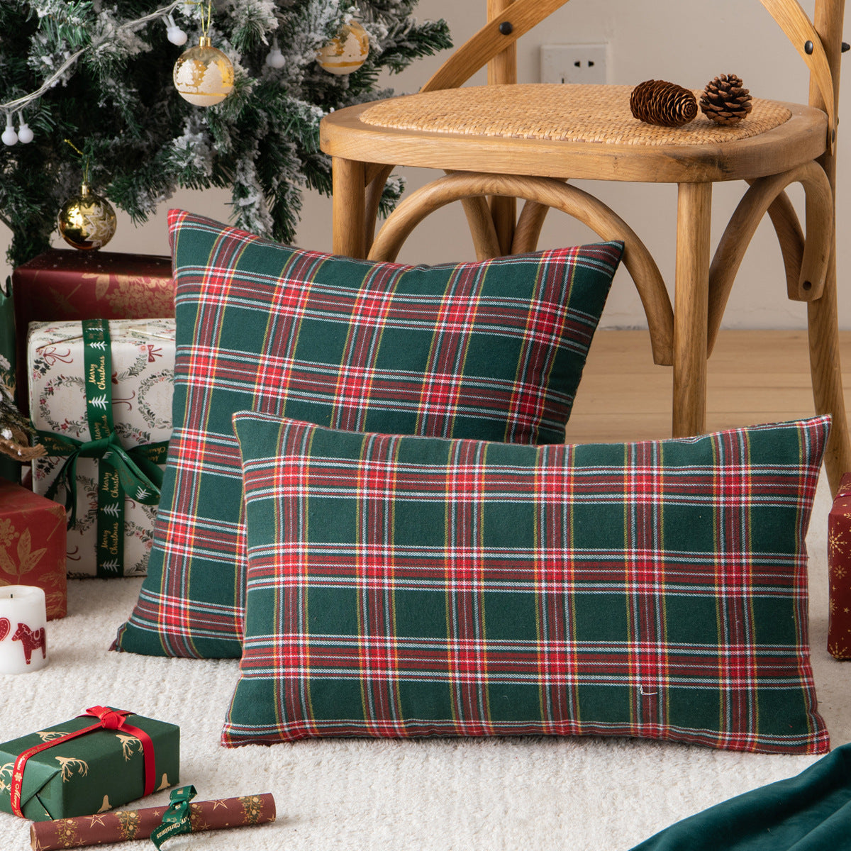 Living Room Christmas Plaid Polyester Cotton Pillowcase - Seasonal Chic Variety