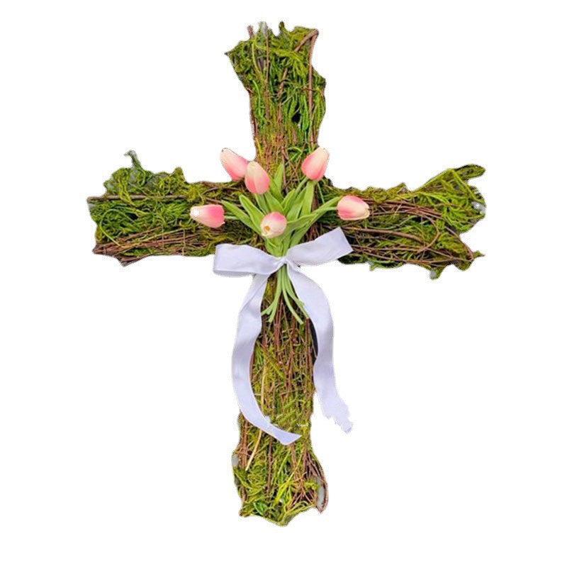 Easter Front Door Cross Wreath Spring Tulips - Seasonal Chic Variety