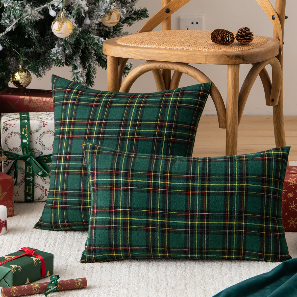 Living Room Christmas Plaid Polyester Cotton Pillowcase - Seasonal Chic Variety