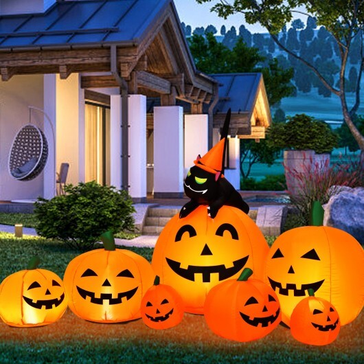 Halloween 7.5 Feet Inflatable Pumpkin Combo with Witch Black Cat - Color: Orange - Size: 7.5 ft