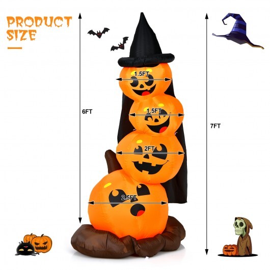 7 Feet Halloween Inflatable Pumpkin Combo with Witch's Hat and LED Lights - Color: Orange - Size: 7 ft