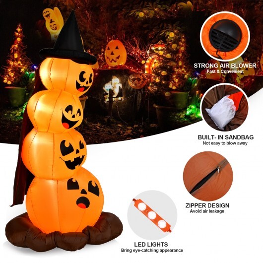 7 Feet Halloween Inflatable Pumpkin Combo with Witch's Hat and LED Lights - Color: Orange - Size: 7 ft