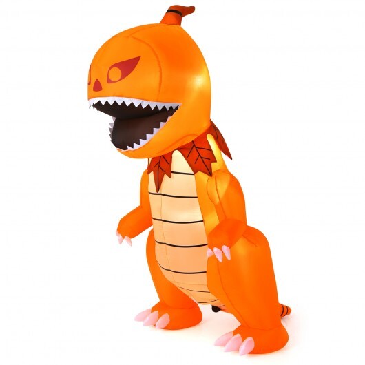 8 Feet Halloween Inflatable Pumpkin Head Dinosaur with LED Lights and 4 Stakes - Color: Orange - Size: 8 ft - Seasonal Chic Variety