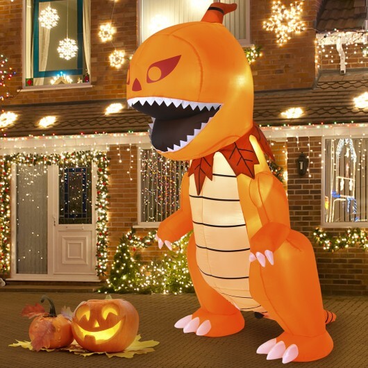 8 Feet Halloween Inflatable Pumpkin Head Dinosaur with LED Lights and 4 Stakes - Color: Orange - Size: 8 ft - Seasonal Chic Variety