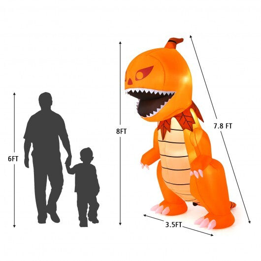 8 Feet Halloween Inflatable Pumpkin Head Dinosaur with LED Lights and 4 Stakes - Color: Orange - Size: 8 ft - Seasonal Chic Variety