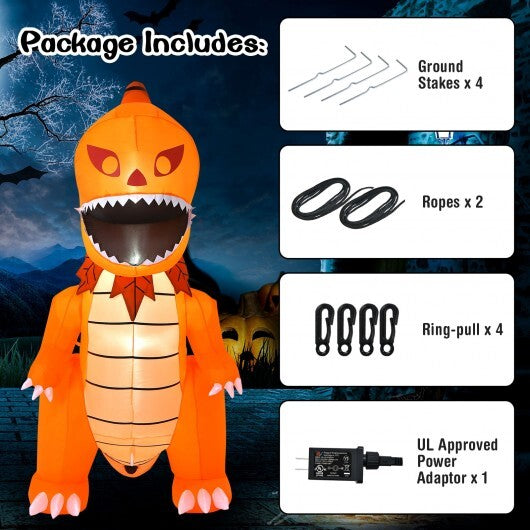 8 Feet Halloween Inflatable Pumpkin Head Dinosaur with LED Lights and 4 Stakes - Color: Orange - Size: 8 ft - Seasonal Chic Variety