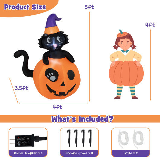 5 Feet Inflatable Halloween Pumpkin with Witch's Black Cat - Color: Multicolor