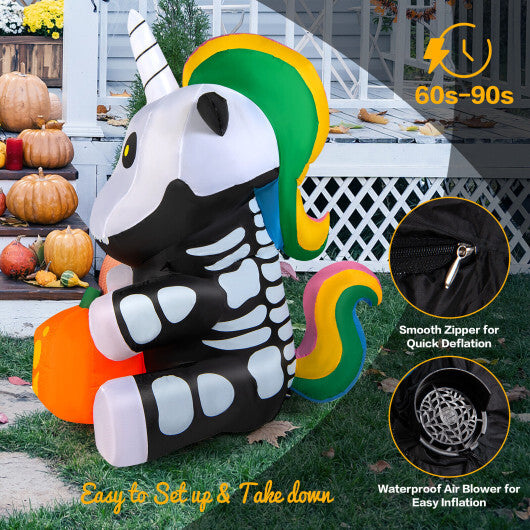 5 Feet Halloween Inflatable Unicorn Skeleton with Pumpkin Lantern - Color: Black & White - Seasonal Chic Variety