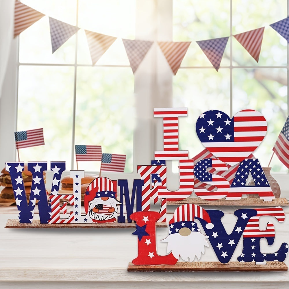 1pc 4th Of July Wooden Ornament; Independence Day I Love USA Wooden Alphabet Ornament; Holiday Decoration For Bedroom Living Room Tiered Tray Ornament; Holiday Accessories