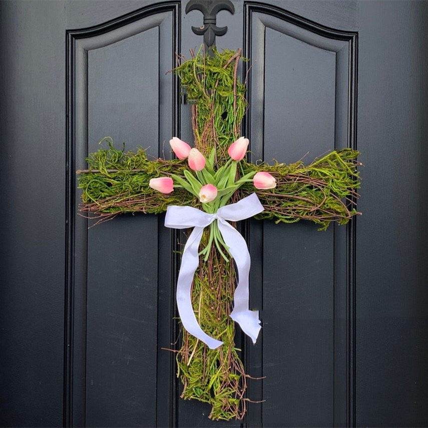 Easter Front Door Cross Wreath Spring Tulips - Seasonal Chic Variety