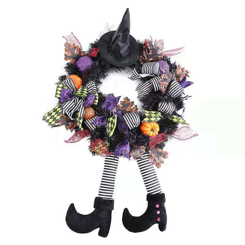 Halloween Decor Wreath Witch Legs Hanging Witch Wired Ribbon Wreath Door Decor - Seasonal Chic Variety