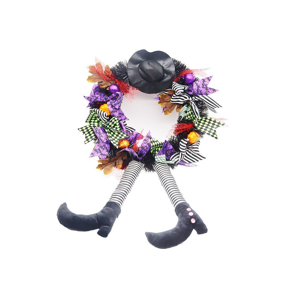 Halloween Decor Wreath Witch Legs Hanging Witch Wired Ribbon Wreath Door Decor - Seasonal Chic Variety